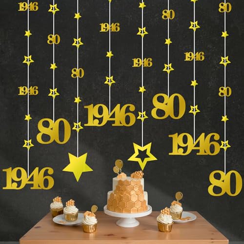 Image of Eucutur Gold 80th Birthday Decorations for Men Women, Pre-Strung Glitter Twinkle Number 80 Years Old Vintage 1946 Hanging Streamer Banner Party Supplies, Cheers 80th Birthday Anniversary Decor