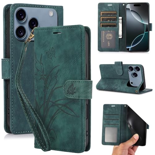 Étui portefeuille iPhone 15 Plus en cuir vert foncé à motif élégant