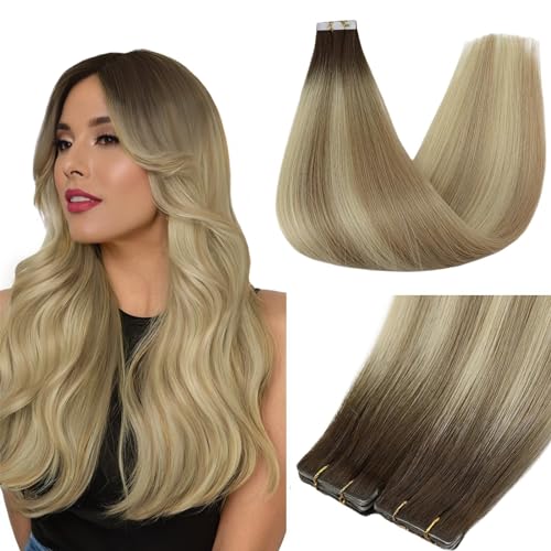 Image of Full Shine Virgin Tape in Hair Extensions Human Hair 5Pcs Color 2 /18 /22 Balayage Injection Tape in Extensions 18 Inch Machine Remy Human Hair Extensions Seamless Skin Weft Tape in Hair 12.5Gram