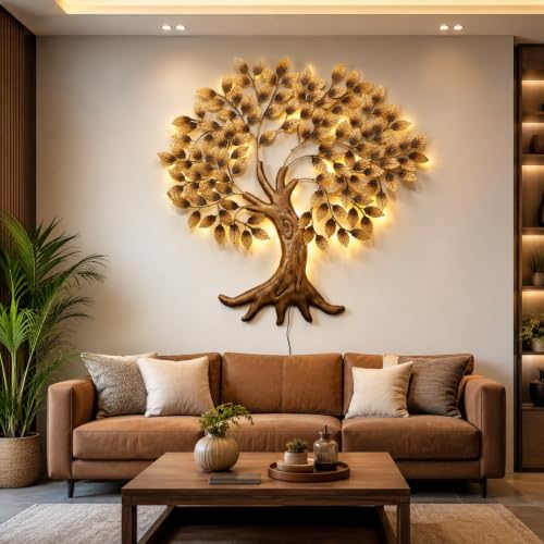 Image of Bharat Art Metal Big Tree Wall Art with LED Light Handcrafted Iron Wall Hanging for Living Room Bedroom Hall Office Entrance | Zora Tree B Golden 45 x 2 x 45 Inch | WD111 (B)