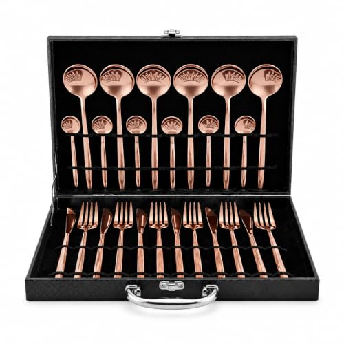 Image of 24-Piece Rose Gold Stainless Steel Cutlery Set with Premium Storage Textured Plastic Box | Mirror Finish Flatware for 6 | Dinner Spoons, Forks, Knives & Teaspoons | Luxury Gift Set