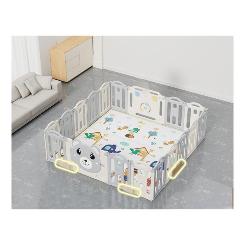 Parc Bébé Plastique PL40 GREY, XXL 185x185cm Parc de Jeu Modulable et Pliable avec 16 Panneaux, Éléments d'Activité & Porte, Barrière de Sécurité Enfant Intérieur Extérieur, Gris