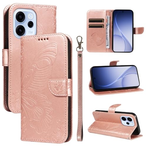 Housse cuir Motorola G56 or rose et étui clapet antichoc avec porte-carte papillon