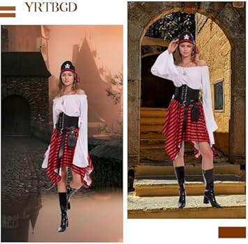 YRTBGD Piratenkostuum middeleeuwse kleding dames vintage blouse met korset riem heuptas voor Halloween carnaval (wit, L