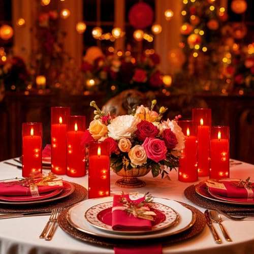 Image of 24-Pack Flameless LED Candles with Star String Lights - Red Acrylic Pillar, Realistic Flickering, Remote Control & Timer for Home Decor, Wedding, Christmas
