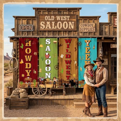 Image of Panelee 4 Pcs Western Cowboy Party Decorations Wild West Porch Banner Hanging Backdrop for Rodeo Cowboy Birthday Baby Shower Door Wall Indoor Outdoor Wedding Decor