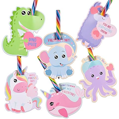 HERZOME Valentines Day Cards for Kids, 24 Pack Valentines Cards Dinosaur Unicorn with Rainbow Pencils for Classroom Exchange Prizes for Girls Boys Valentine's School Party Favor Cover