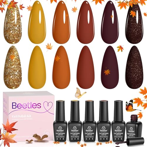 Beetles Fall Gel Nail Polish Set, 6 Colors Burgundy Red Brown Yel...