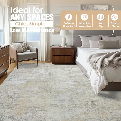 10x14 Area Rugs for Living Room Rug Washable: Abstract Large Rug Indoor Modern Carpet Non Slip for Dining Room Bedroom Nursery Home Office Beige Grey
