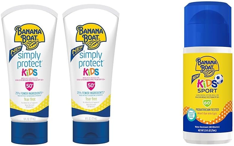 Kids Mineral Sunscreen Lotion SPF 50 Twin Pack and Sport Sunscreen Roll On Lotion SPF 60 Travel Size