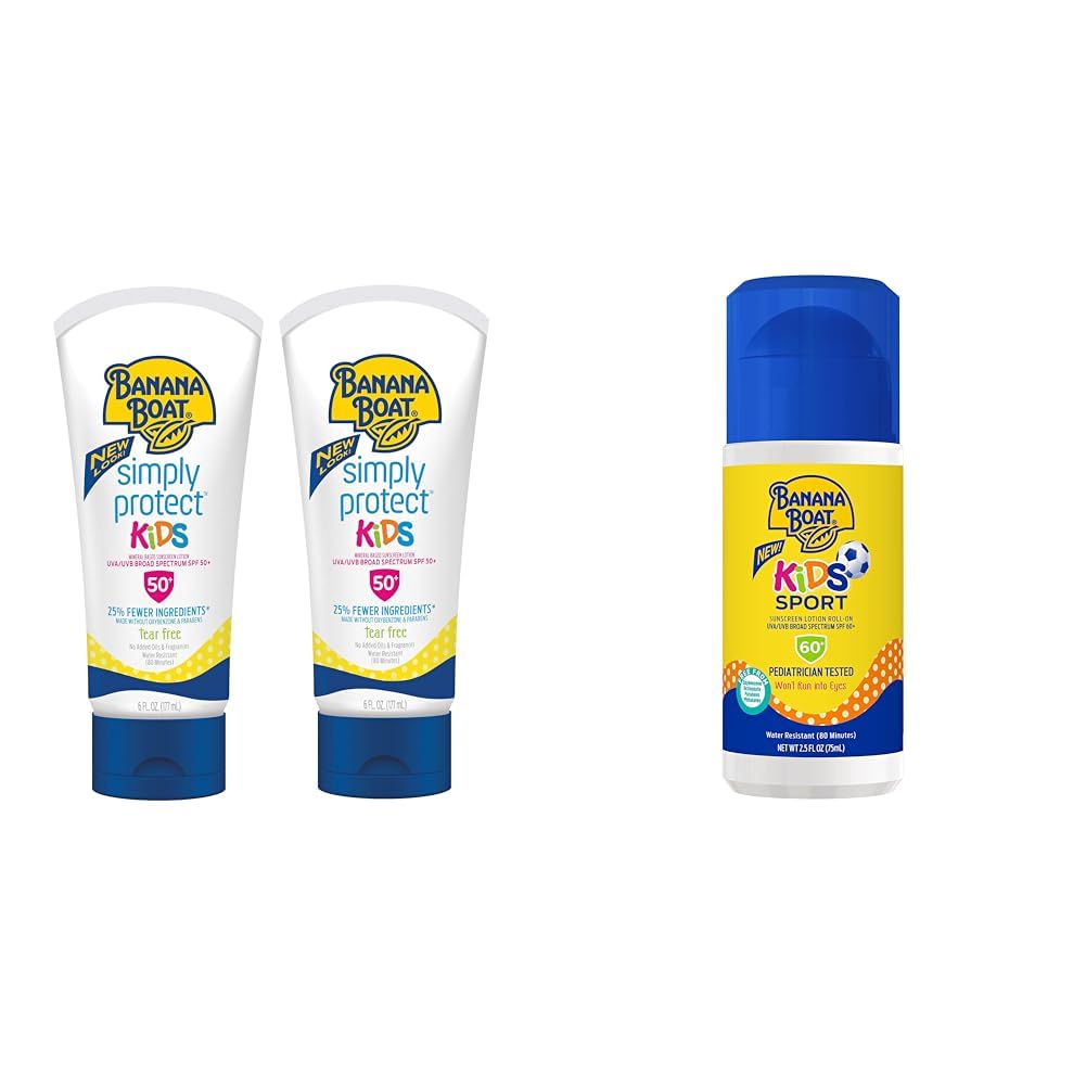 Banana Boat Kids Mineral Sunscreen Lotion SPF 50 Twin Pack and Sport Sunscreen Roll On Lotion SPF 60
