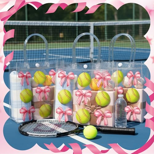 Image of Teenyyou 24 Pcs Softball Clear Gift Bag with Handles Plastic Soft Ball Goodie Sport Theme Party Favor Team Treat Bag with Pink Bow for Birthday Team Snack, 8 x 8 x 3.15 Inches