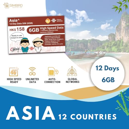 Asia Prepaid Data Only SIM Card (6GB,12 Days) 4G High Speed 3 IN 1 SIM | Ready to Use for 12 Countries | Hotspot Mobile WiFi | Japan Korea Philippines Indonesia Singapore Malaysia Laos Vietnam