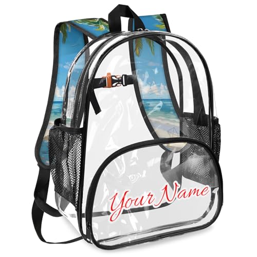 Personalized Small Clear Backpack Stadium Approved Heavy Duty PVC Plastic Custom Transparent Backpacks See Through Bag with Name, Ocean Beach Tropical Palm Tree2