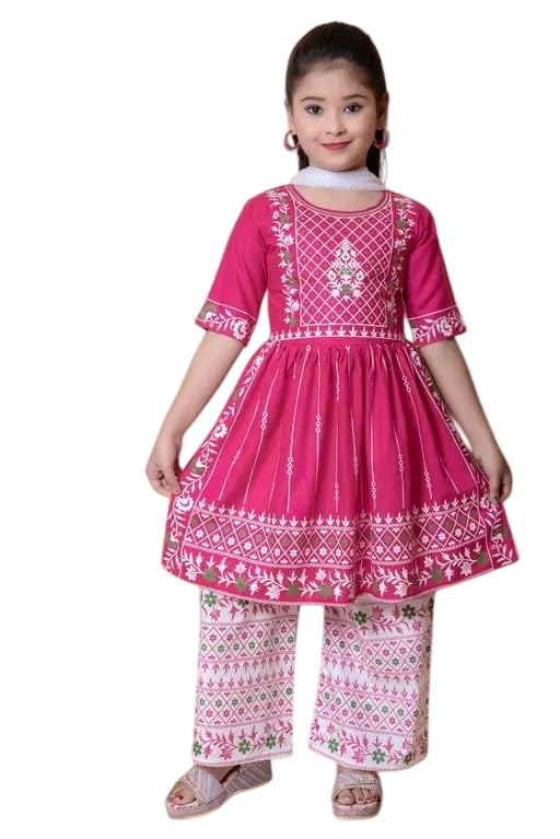 Image of Girls Traditional Embroidered Kurta Palazzo Set, Green and White, Floral Design, Half Sleeves