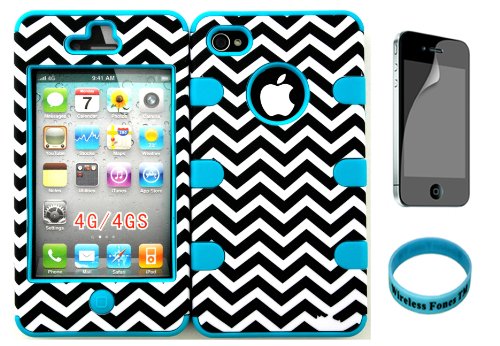 For Apple iPhone 4/4s Chevron Waves Pattern Matte Finish Snap on + Teal Silicone Hybrid Case Cover with Screen Protector and Wristband Exclusively By Wirelessfones TM