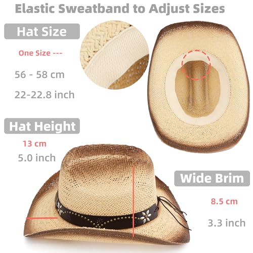Image of Straw Cowboy Hat, Western Cowgirl Hat, Wide Brim Sun Beach Hat for Men and Women