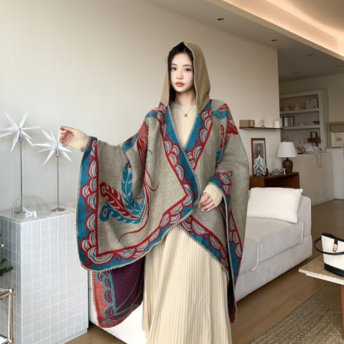 Elegante poncho con estampado de fénix y capa chal estilo étnico vintage 4