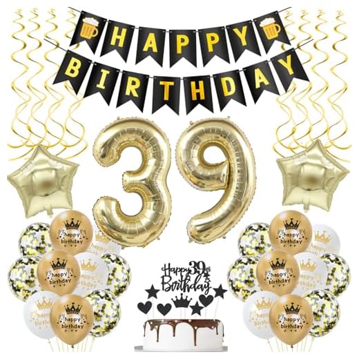 Globos para 39 cumpleaños, decoración de hombre, mujer, oro negro, globos de 39 cumpleaños, guirnalda de 39 años, decoración de cumpleaños para hombre y mujer