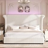 TTVIEW King Bed Frame with 54" Tall Faux Fur Wingback Headboard and Built-in LED Lighting, Lauxry Upholstered Platform Bed with Vertical Channel Design, No Box Spring Needed, Beige