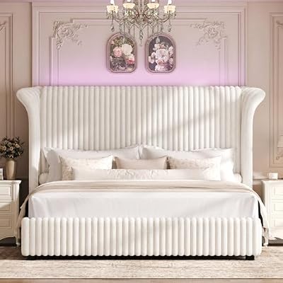 TTVIEW Queen Bed Frame with 54" Tall Faux Fur Wingback Headboard and Built-in LED Lighting, Lauxry Upholstered Platform Bed with Vertical Channel Design, No Box Spring Needed, Beige