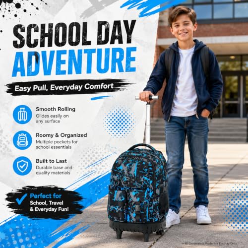 Image of CCJPX Rolling Backpack for Boys, 3Pcs Roller Wheeled School Bookbag, Graffiti Wheels Backpacks with Lunch Box for Kids (Blue)