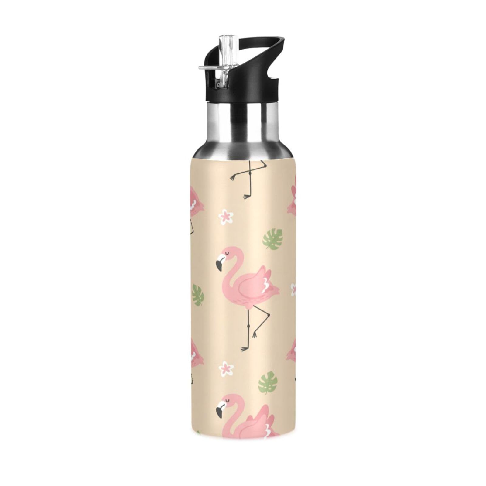 BOESI Flamingo Pattern Insulated Water Bottle 600ml, Stainless Steel Vacuum Sports Bottle with Straw, Leak Proof Thermal Bottle for Gym Travel Outdoor