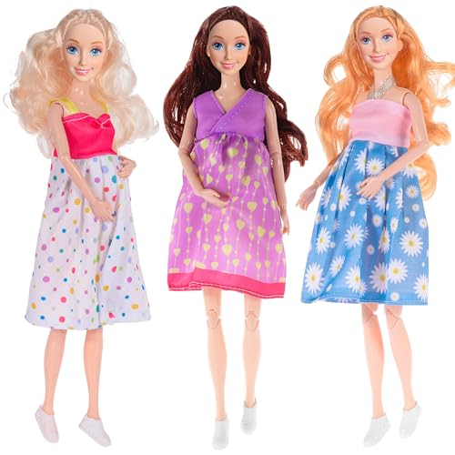 dollbie 3-Pack 11.5 inch Pregnant Dolls - Fashion Dolls with Interchangeable Pregnant and Normal Bellies - Includes 3 Dolls, 3 Dresses, 3 Babies