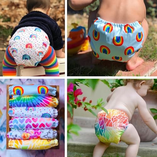 Image of Mama Koala 6 Pack Reusable Cloth Diapers 3.0 for Babies Girls Newborn, One-Size Adjustable Baby Diaper, Durable Stitching, Back Opening for Inserts, Breathable Awj Lining, Leak Prevention-Rainbow&Love