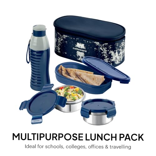 Image of CELLO Gemini Lunch Box Gift Set of 3 Pieces with Bag for Office Use, Blue | 300ml x 2 Steel Round Containers, 500ml x 1 Oval Container with 600 ml Water Bottle, Leak Proof Tiffin Set for School Travel