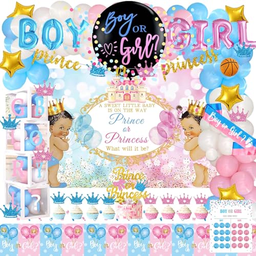Hombae Prince or Princess Gender Reveal Decorations, Boy or Girl Gender Reveal Decorations Backdrop Balloon Garland Banner Tablecloth Cake Cupcake Topper Box Cutout Poster Sash Pink Blue