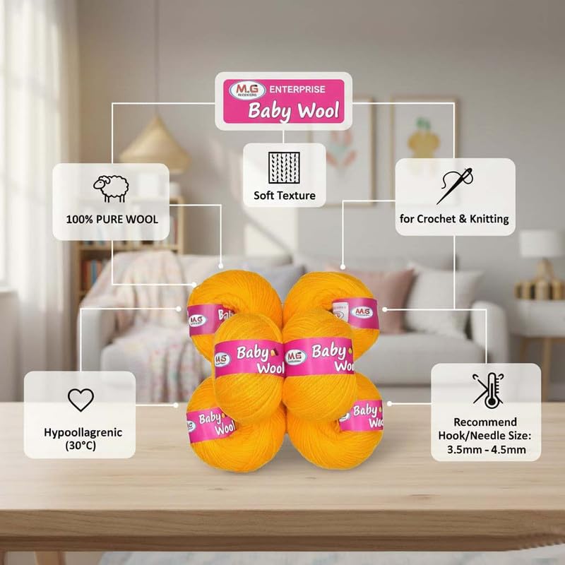 Image of M.G Enterprise Prime Baby Wool 100% Acrylic Yarn Yellow 7 Pc 4 ply Ball Hand Knitting Wool /Art Craft Soft Fingering Crochet Hook Yarn- Art-HF