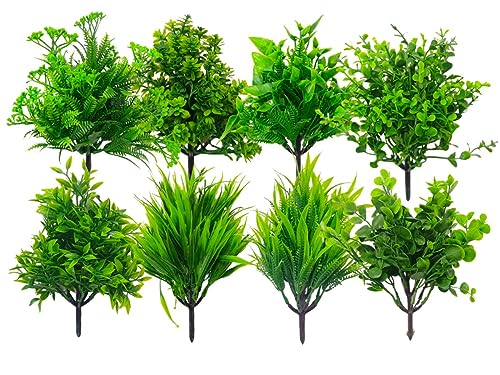 Dekorly Artificial Plastic Mix Green Grass Fake Outdoors Plant Bushes Decor Faux Greenery Shrubs For Outdoor And Indoor, Artificial Shrubs Stems | Height- 7 Inches (Multi-8)