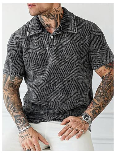 GORGLITTER Men's Hollow Out Half Button Shirt Short Sleeve Collar Knitted Street Tops4