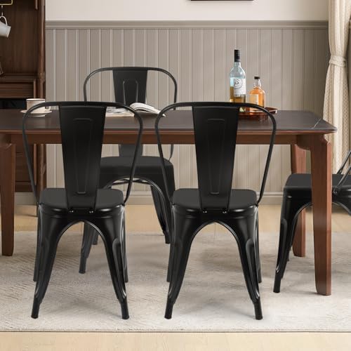 FDW Metal Dining Chairs Set of 4,18 Inch Seat Height, Stackable Tolix Style Chairs, Indoor/Outdoor Use for Kitchen, Patio, Restaurant, Cafe & Bar, 330LBS Weight Capacity, Black