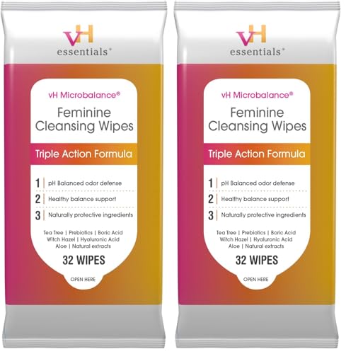 Image of vH essentials Feminine Cleansing Wipes - pH Balanced, Prebiotics, Tea Tree & Aloe, Soothing Witch Hazel, Odor-Blocking Formula, Vaginal and Perianal Care, Paraben, Alcohol, and Fragrance-Free