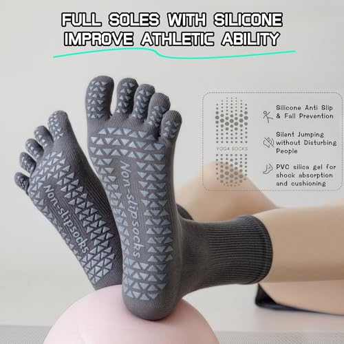 5 Pairs Women's Mid Calf Yoga Socks Non Slip Five Toe Medium Cushion Cotton, Dot Rubber Sole for Pilates, Dance, Barre, Gym Girl's Barefoot Soft Boot Socks2