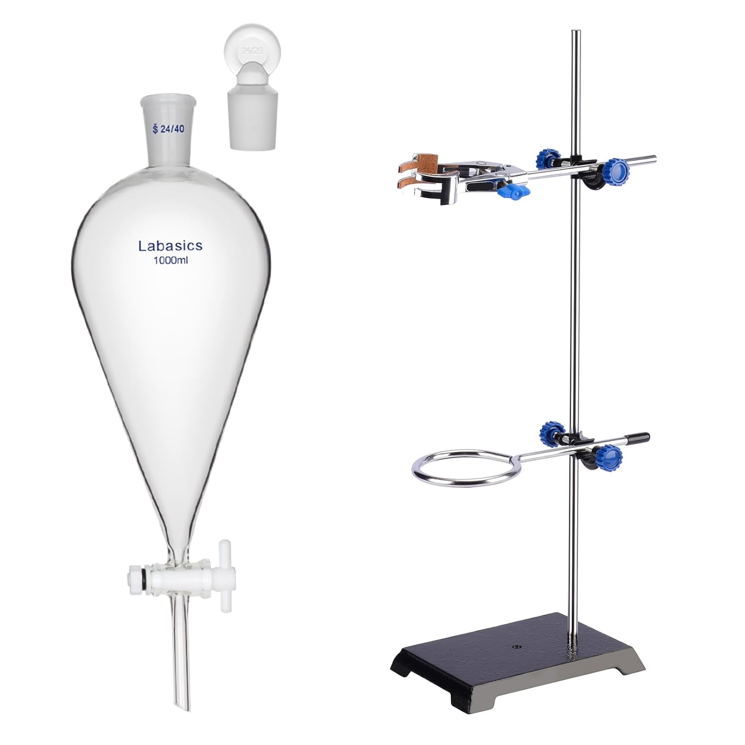 1000mL Glass Stopper with 24/40 Joint Conical Separatory Funnel Bundle with Lab Stand and Accessories (8 Items)