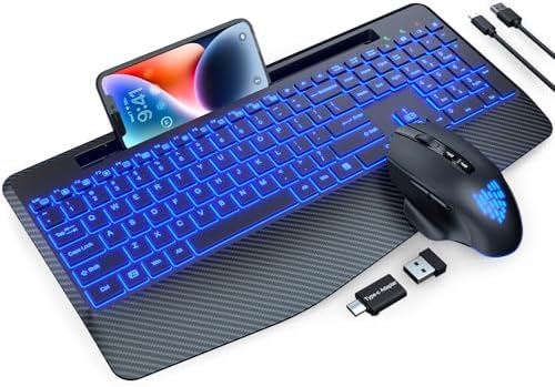 Wireless Keyboard and Mouse Backlits, Wrist Rest, LED Mouse, Rechargeable Ergonomic Keyboard with Phone Holder, Silent Light Up Combo for Computer, Mac, PC, Laptop, Chromebook (Black)
