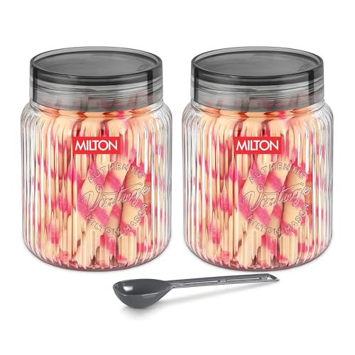 Image of MILTON Olive 1500 Airtight Food Grade Modular Plastic Container | BPA Free, Stackable & Transparent | Wide Mouth with See-Through Lid | Ideal for Cereals, Pulses, Spices, Set of 2, 1500 ml each, Grey