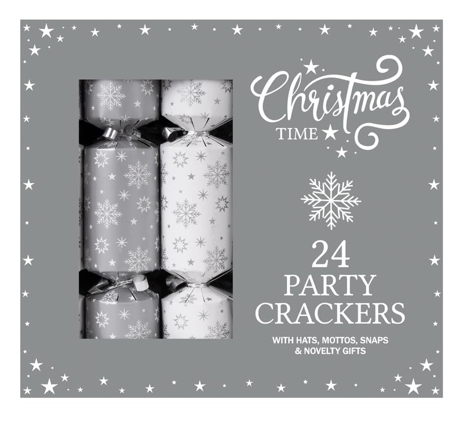 RSW Set of 24 Christmas Crackers, White and Silver Snowflake/Star Design, 9”, Perfect for Christmas Celebration