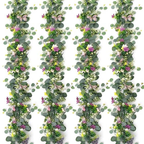 ASTNIC 4 Pack 5.68 FT Artificial Daisy Garland with 3D Butterfly, Hanging Fake Flowers Greenery Eucalyptus Garland Floral Vines for Wedding Table Home Room Sping Decor