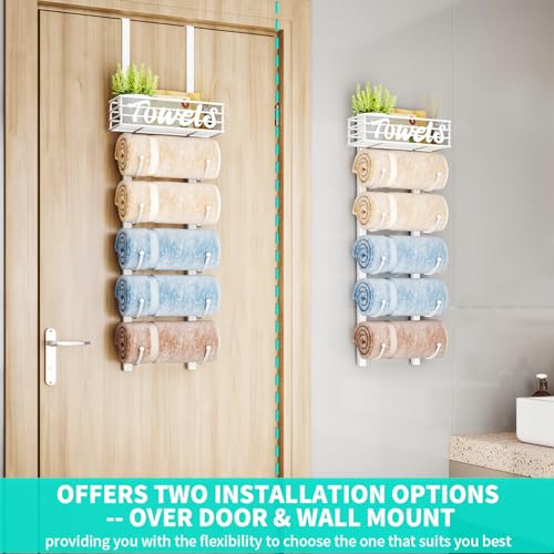 HapiRm Over Door Towel Rail-Towel Storage Rack Wall Mounted with Metal Shelf, 6-Tier Over Door Towel Rack, Towel Holder, White - Cosy Home Interiors HapiRm Over Door Towel Rail-Towel Storage Rack Wall Mounted with Metal Shelf, 6-Tier Over Door Towel Rack, Towel Holder, White - Image 2