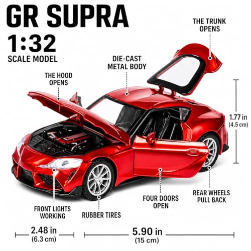 Image of Magicwand 1:32 Scale Die-Cast Metal Car Tayota Supra【Colors as Per Stock】 with 4 Openable Doors,Pull Back Action,Blinking Headlights & Sound【Pack of 1】
