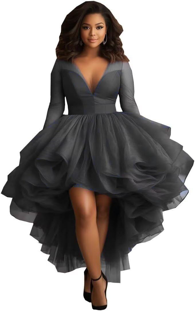 2025 Unqiue Short Front Long Back Hi lo V Neck Prom Homecoming Cocktail Quince Dresses with Long Sleeves