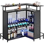 YITAHOME L Shaped Mini Home Bar Unit for Living Room with Music Sensing LED Light, Tall Bars Furniture Table with Wine Rack Alcohol Storage Glasses Hanger Footrest for Kitchen Pub, Black