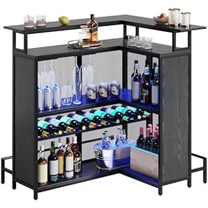 YITAHOME L Shaped Mini Home Bar Unit for Living Room with Music Sensing LED Light, Tall Bars Furniture Table with Wine Rack Alcohol Storage Glasses Hanger Footrest for Kitchen Pub, Black
