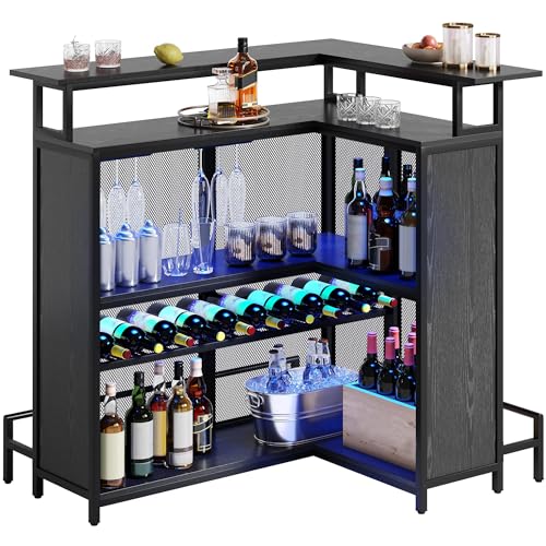 YITAHOME L Shaped Mini Home Bar Unit for Living Room with Music Sensing LED Light, Tall Bars Furniture Table with Wine Rack Alcohol Storage Glasses Hanger Footrest for Kitchen Pub, Black