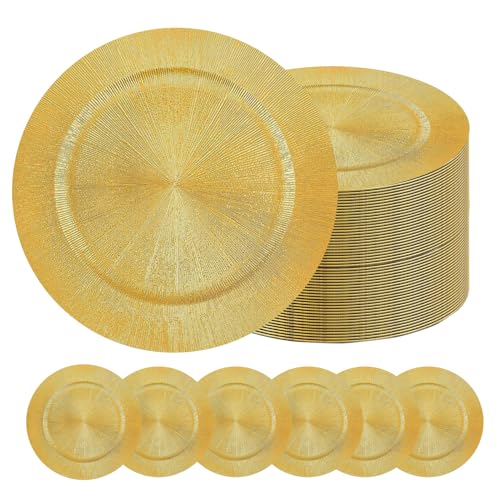 100 Pack Golden Charger Plate Bulk,13 Inch Plastices Gold Chargers Plates Dinner Round Tray Tableware Dish For Table Setting Wedding Holidays partys Decors(Glitter Golds)