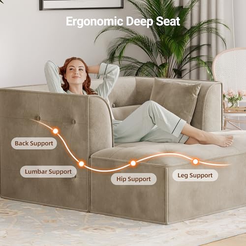 Image of Claiks 62 inch Chaise Lounge Chair Indoor, Oversized Upholstered Boneless Sofa Bed, Deep Seat Sleeper Couch with Pillows, Ottoman and Armrest, Cloud Sofas Reading Chair for Living Room, Khaki